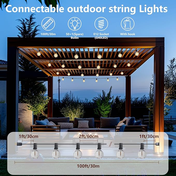 100FT Outdoor String Lights, Waterproof Patio Lights with 50 LED G40 Globe Shatterproof Bulbs, Connectable | Lumora