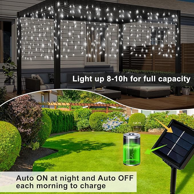 DBFAIRY Solar Curtain Lights,19.6ft x 3.3ft 300 LED Outdoor Christmas Solar Curtain Lights Waterproof Green Wire with 8 Mode for Garden Handrail Railing Eaves Wall Decoration -Cool White