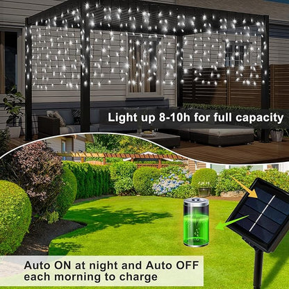 DBFAIRY Solar Curtain Lights,19.6ft x 3.3ft 300 LED Outdoor Christmas Solar Curtain Lights Waterproof Green Wire with 8 Mode for Garden Handrail Railing Eaves Wall Decoration -Cool White