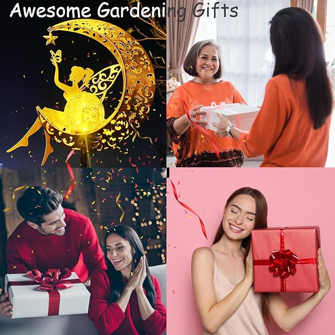Solar Angel & Fairy Moon Waterproof Lights, Outdoor Garden Statues Decor, Outside Metal Yard Art Ornaments for Patio Lawn, Unique Gardening Gifts for Women Mom Grandma