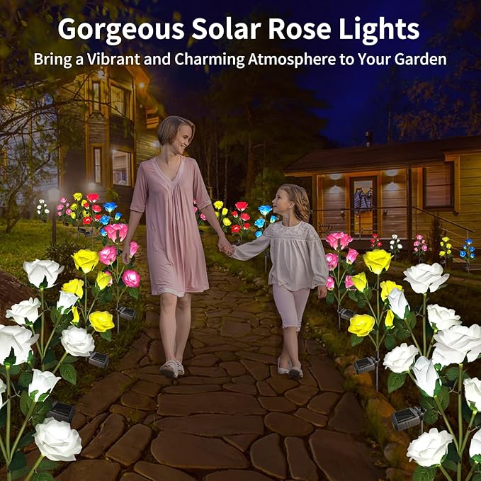 Solar Garden Lights, Solar Outdoor Lights with More Realistic 10 Rose Waterproof Solar Powered Flowers for Outside Patio Yard Pathway Decorations, 2 Pack White