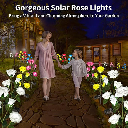 Solar Garden Lights, Solar Outdoor Lights with More Realistic 10 Rose Waterproof Solar Powered Flowers for Outside Patio Yard Pathway Decorations, 2 Pack White