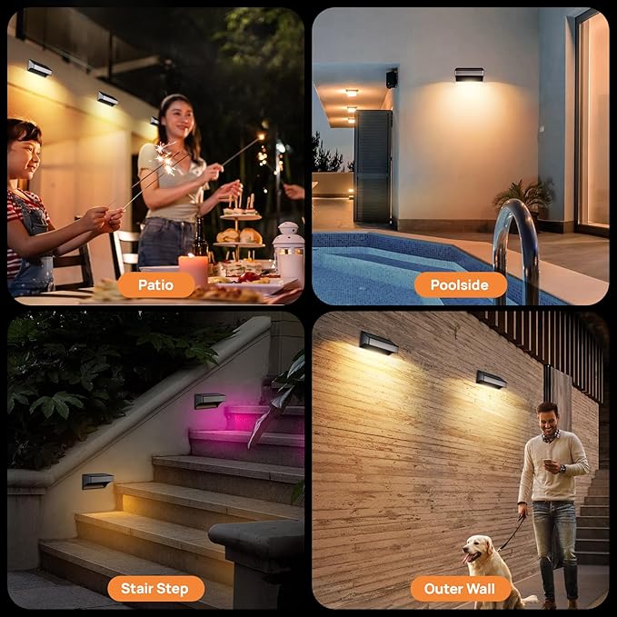 Solar Deck Lights 8 Pack Outdoor Waterproof - Step Lights for Stairs & Fence, 8 Color Changing Security Lighting with Auto On/Off, Wall Lights for Patio/Yard/Pathway (Warm/Cool White + RGB)