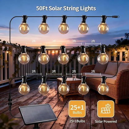 Solar String Lights Outdoor with Remote, 50ft 25 Bulbs Solar Powered Patio Lights Waterproof, Dimmable & Timer, G40 LED Solar Lights for Camping Deck Backyard Garden Fence