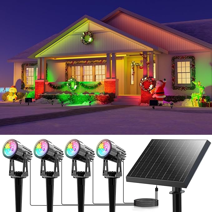 Multi Color Solar Powered Outdoor Spotlights for Christmas Decorations, Reindeer, Santa, Waterproof Landscape Spot Lights for Christmas Tree, Statues, with 15.7ft Cable Separate Panel (4-in-1)
