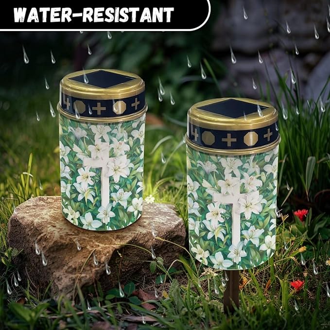 Cross Lily Print Cemetery Solar Lights Solar Garden Stake Lights Outdoor Stake Metal Lights Waterproof for Garden Lawn Patio or Courtyard