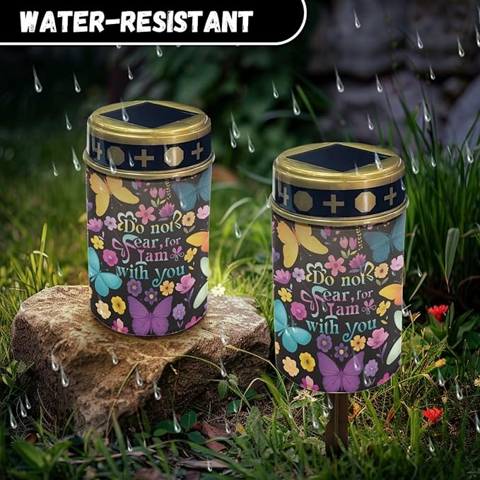 Cemetery Decorations for Grave Butterfly Solar Cross for Cemetery Grave Waterproof Dusk to Dawn Sensor Solar Grave Lamp for Cemetery Bereavement Gifts 2 Pack