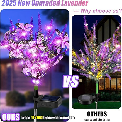 Solar Garden Lights Outdoor 2 Pack Lavender Butterfly Lights, Solar Artificial Flower Outdoor Waterproof Decoration Gardening Gifts for Women, Yard Patio Pathway Lawn Courtyard Decoration