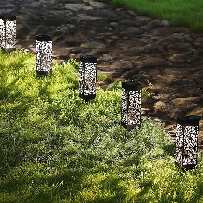minkissy 2pcs Hollow Solar Lawn Lights with Ground Plug Warm White and Cool White Light Outdoor Garden Solar Path for Yard Driveway Landscape