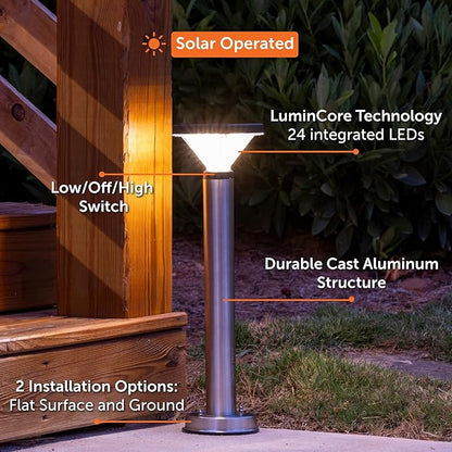 Gama Sonic Luxor Bollard Outdoor Solar Pathway Light, Silver Stainless, 20.25-inch Lamp Height, Sidewalk, Path, Driveway, 50 Lumens (144i58070)