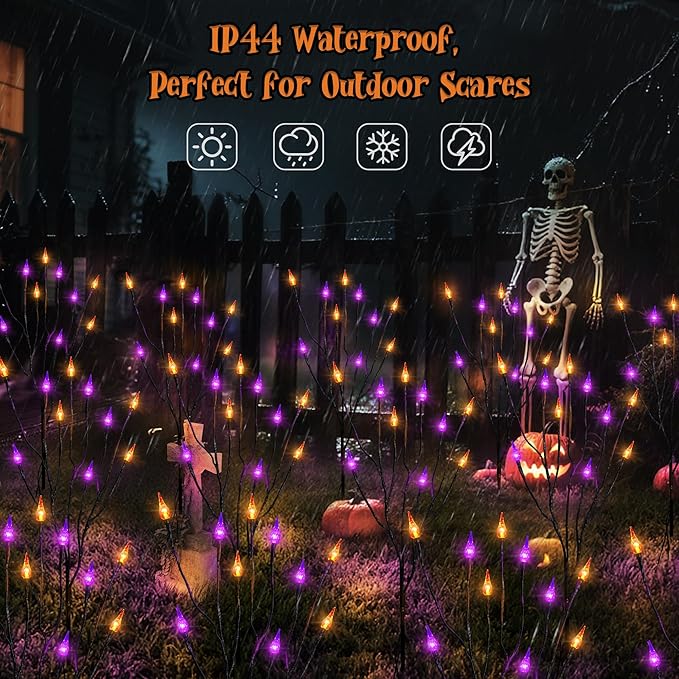 ODEETRONIC Purple & Orange Halloween Pathway Lights 3 Pack – 7.54ft 8 Modes Halloween Stake Lights, 30 LED Purple & Orange Candle Light with Timer, Battery Pathway Light for Outdoor Porch Garden Decor