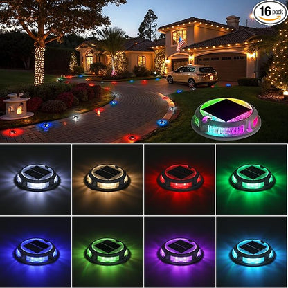 Solar Driveway Lights Outdoor 16 Pack, RGB Colors Solar Deck Dock Lights Outdoor Waterproof IP68, 3 Dynamic Light Modes Driveway Marker for Warning Stair, Boat Dock, Step, Walkway, Patio Decor