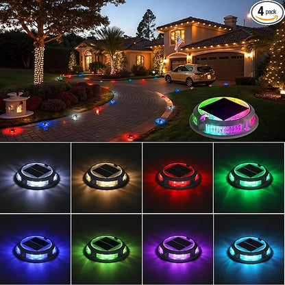 Solar Driveway Lights Outdoor 4 Pack, RGB Colors Solar Deck Dock Lights Outdoor Waterproof IP68, 3 Dynamic Light Modes, Driveway Marker for Warning Stair, Boat Dock, Step, Walkway, Patio Decor