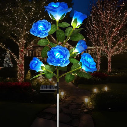 DWH 1 Pack Solar Garden Lights Outdoor, 7-Flower Rose Solar Lights for Yard, LED Solar Powered Stake Lights for Patio Pathway Lawn Fence Cemetery, Blue