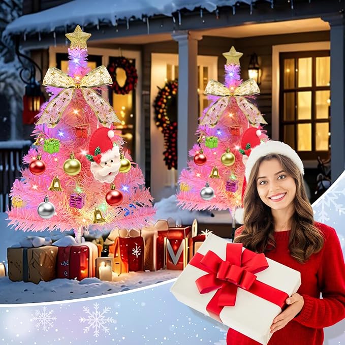 4 Pcs Solar Christmas Tree Pink, Outdoor Christmas Decorations, 80 LED Waterproof Solar Christmas Lights, Multicolor Xmas Tree Lights for Outside Holiday Pathway Yard Garden Patio Cemetery Decor