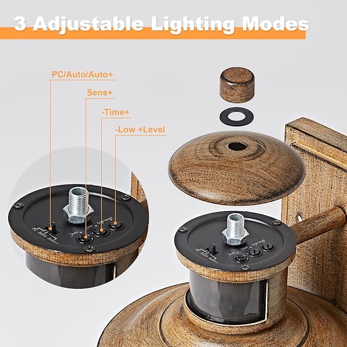 OKELI Motion Sensor Outdoor Wall Lights-Dusk to Dawn Porch Light,Faux Wood Grain Outdoor Lights Fixture,3 Lighting Modes Waterproof Anti-Rust Outdoor Lights for House Porch Garage (2 Pack