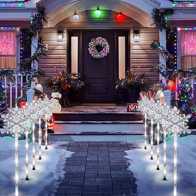 5 Pcs Acrylic Solar Pathway Stakes Lights Outdoor Waterproof, 8 Modes Christmas Decorations Outdoor Yard, Solar Christmas Garden Decor Lights (Xmas Snowflake White)