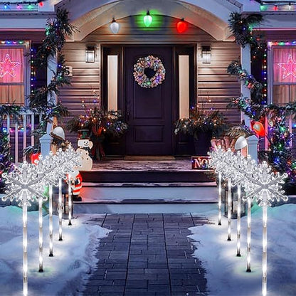 5 Pcs Acrylic Solar Pathway Stakes Lights Outdoor Waterproof, 8 Modes Christmas Decorations Outdoor Yard, Solar Christmas Garden Decor Lights (Xmas Snowflake White)