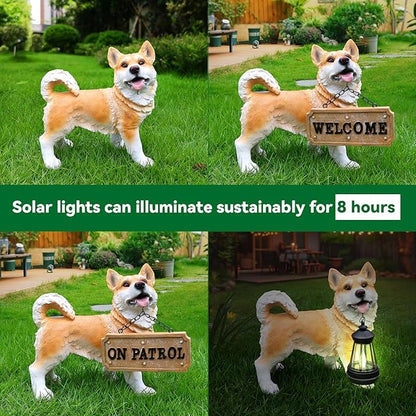 Outdoor Husky Dog Statue with Interchangeable Welcome Sign and Detachable Solar Lantern –LED Light Garden Dog Sculpture Décor, Cute Puppy Design for Yard, Porch, Gift