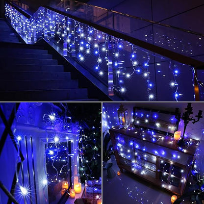 Joomer Christmas Icicle Lights - 19FT Outdoor String Lights Waterproof, 8 Modes Timer Connectable Plug-in String Light for Christmas Party, Eaves, Roofs, Xmas Decorations (White+Blue)