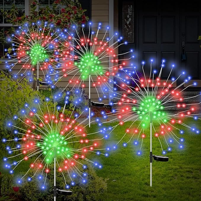 Colored Solar Lights for Garden Decoration 150 LED Fairy Lights Starburst Outdoor Firework Lamp Pathway Lighting 8 Different Modes Waterproof 4 Pack