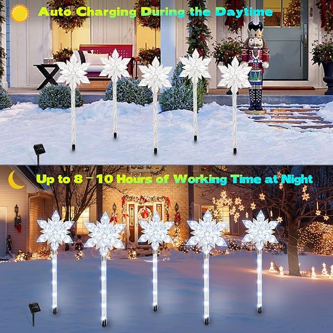 Snowflake Solar Christmas Pathway Lights, Set of 5 LED Outdoor Stake Lights, Waterproof Christmas Decorations for Garden, Yard, Lawn, Walkway, Patio Decor (5pcs Cold White)