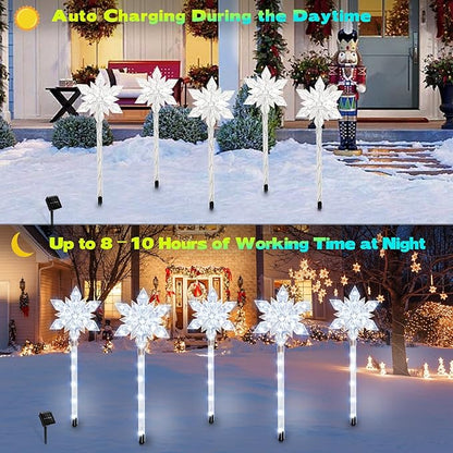 Snowflake Solar Christmas Pathway Lights, Set of 5 LED Outdoor Stake Lights, Waterproof Christmas Decorations for Garden, Yard, Lawn, Walkway, Patio Decor (5pcs Cold White)