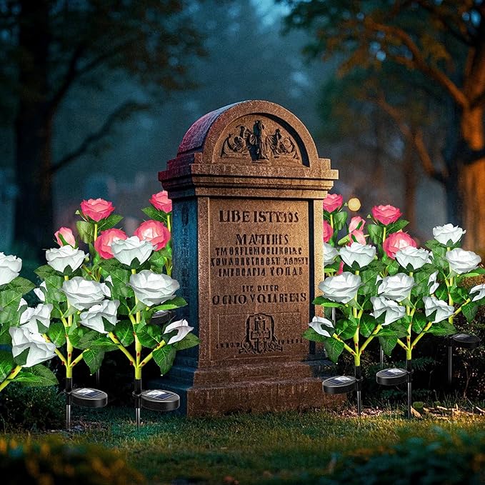 Anordsem Solar Garden Lights Outdoor: 10 Artificial Fabric White Roses Flowers 2 Pack- LED Flower Decorations for Cemetery Grave Pathway Yard- Birthday Gifts for Women, Wife and Mother