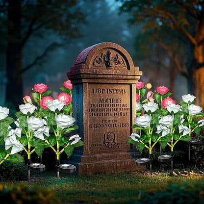 Anordsem Solar Garden Lights Outdoor: 10 Artificial Fabric White Roses Flowers 2 Pack- LED Flower Decorations for Cemetery Grave Pathway Yard- Birthday Gifts for Women, Wife and Mother