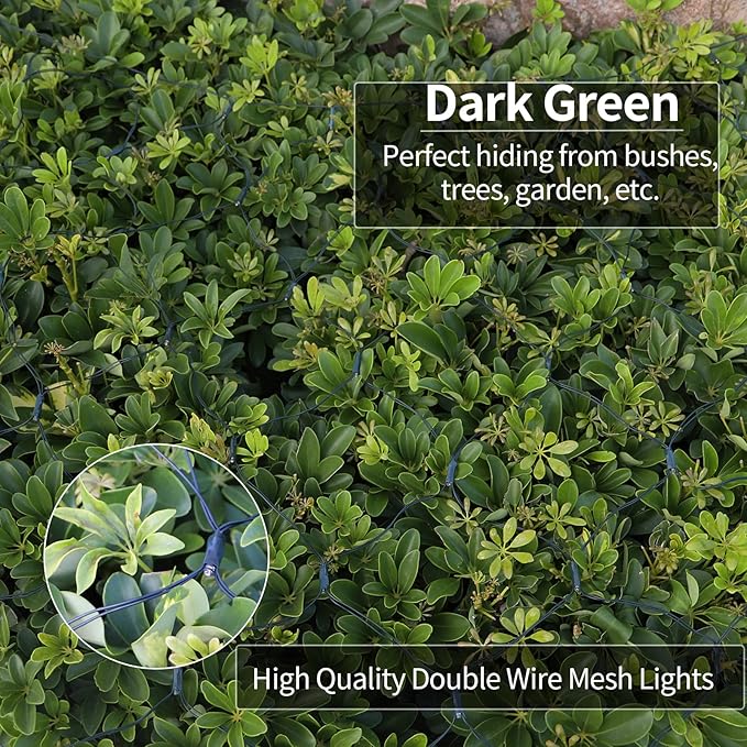 echosari Solar Powered Net Lights, 200 LED 9.8Ft x 6.6Ft Christmas Bush net Lights Dark Green Wire Auto On/Off 8 Modes Net Lights Outdoor Mesh Lights for Bushes Shrubs Lawn Decoration (Cool White)