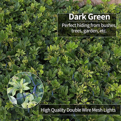 echosari Solar Powered Net Lights, 200 LED 9.8Ft x 6.6Ft Christmas Bush net Lights Dark Green Wire Auto On/Off 8 Modes Net Lights Outdoor Mesh Lights for Bushes Shrubs Lawn Decoration (Cool White)