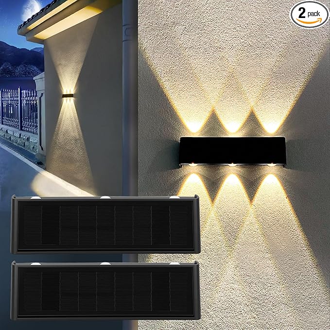 Solar Lights Outdoor Waterproof 3000K Warm Aluminum Up and Down Wall Sconce Dusk to Dawn 2PACK for Outside, Sign | Lumora