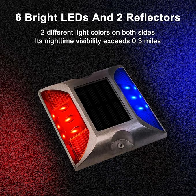 Aolyty Solar Driveway Lights Outdoor, Bright Solar Dock Lights, LED Warning Light Reflective Road Marker Steady Light IP65 Waterproof for Deck Sidewalk Stair Step Pathway (Red & Blue, 2 Pack)