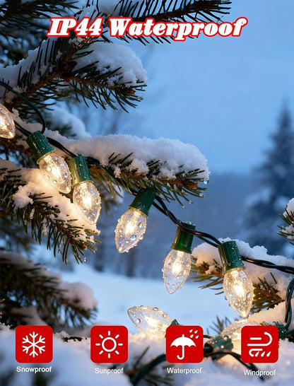 C9 Clear Christmas String Lights 25Ft C9 Outdoor Lights String with 26 Clear Bulbs, Hanging Christmas Roofline Light Patio Lights for Outdoor Decor 7 Watt C9/E17 Intermediate Base-Green Wire