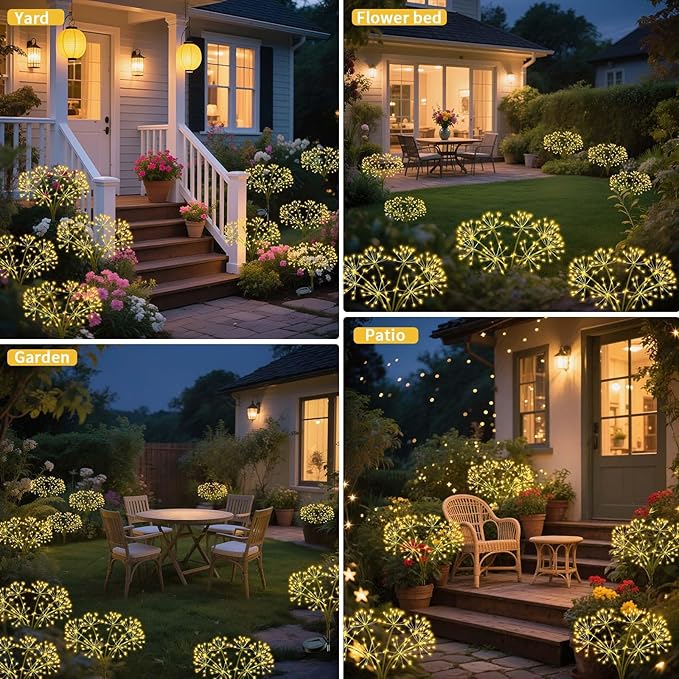 Solar Firework Lights Outdoor, 2 Pack Fairy Lights 160LED with 8 Modes, Warm White Solar Garden Lights for Yard Pathway Lawn Patio Landscape Decor (2pcs Flower Lanterns)