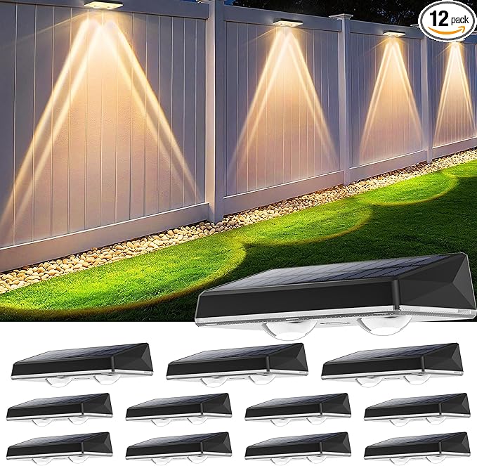 Solar Fence Lights Outdoor, 12-Pack 120LM Fence Lights Solar Powered, IP67 Waterproof Dusk to Dawn Auto On/Off 12+ Hours for Outside/Backyard/Wall/Step/Patio/Deck/Pool (Warm White & RGB 7 Colors)