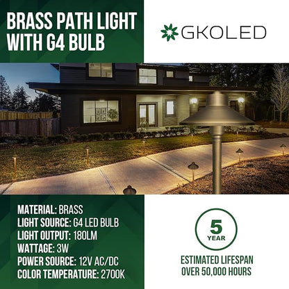 GKOLED Solid Brass Landscape Path Lights (6.7" Shade, 20" Tall), Low Voltage LED 3W 12-24V AC/DC China Hat Path Lighting, 2700K Outdoor Waterproof Walkway Light, with Stake and G4 Bulb, 12 Pack