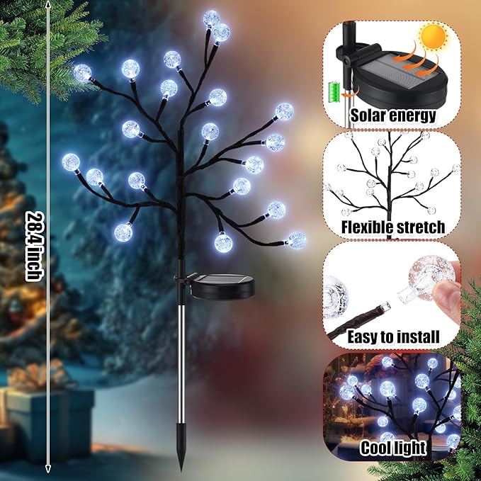 4 Pcs Outdoor Christmas Pathway Lights Decor Solar Christmas Stake Light Waterproof Outside Crystal LED Globe for Path Patio Garden Party Decor(White)