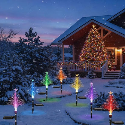 Baquler 6 Pack Solar Christmas Tree Garden Stake Lights Outdoor Waterproof Color Changing Christmas Lighted Yard Decorations Optical Fiber Xmas Pathway Lights for Lawn Patio Cemetery (7 Color Change)