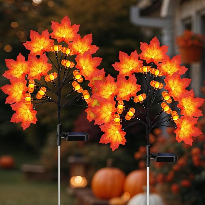 Fall Solar Lights Outdoor, Solar Powered Fall Stake Lights with 20 Maple Leaf and 20 Pumpkin for Yard, Patio, Lawn, Garden, House, Home Outside Thanksgiving Harvest Decorations(2 Pack)