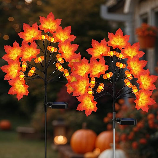 Fall Solar Lights Outdoor, Solar Powered Fall Stake Lights with 20 Maple Leaf and 20 Pumpkin for Yard, Patio, Lawn, Garden, House, Home Outside Thanksgiving Harvest Decorations(2 Pack)