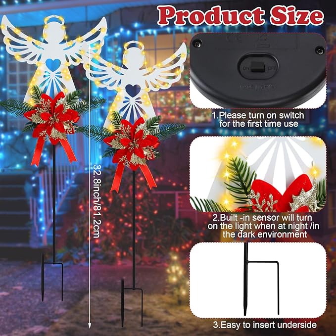 Baquler 2 Pack Christmas Solar Angel Stake Lights 32" Christmas Cemetery Grave Decorations with Poinsettia for Xmas Cemetery Memorial Outdoor Yard Pathway Garden Lawn Decorations