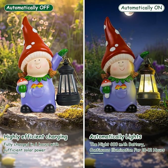 Gnome Statue Garden Ornaments Art Outdoor Decoration with Solar Powered LED Lights Decor for Patio,Balcony,Yard, Mum Birthday Gifts, Garden Gifts for Women, Chrismtas Gifts for Mom Grandma