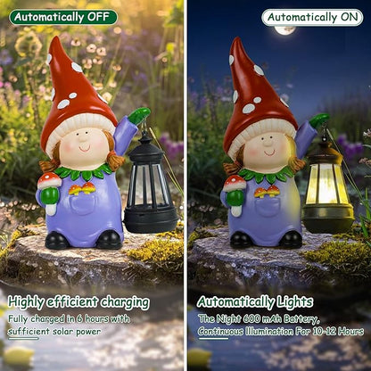 Gnome Statue Garden Ornaments Art Outdoor Decoration with Solar Powered LED Lights Decor for Patio,Balcony,Yard, Mum Birthday Gifts, Garden Gifts for Women, Chrismtas Gifts for Mom Grandma