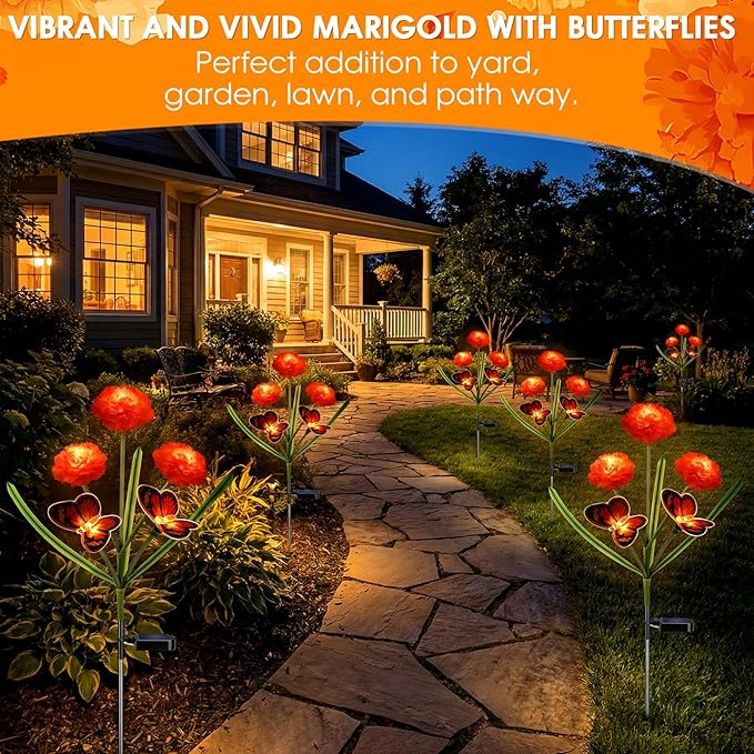 Solar Flowers Outdoor Waterproof, Unique Solar Powered LED Marigold Stake Lights with Monarch Butterflies for | Lumora