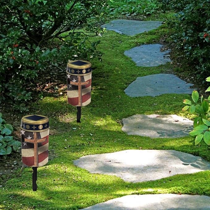 American Flag Solar Dusk to Dawn Lights Outdoor Waterproof Solar Memorial Lights for Graves Eternal Light Solar Powered Lighted Cross,Cemetery Decor Candle Lamp
