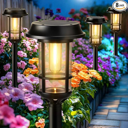 8 Pack Bright Solar Pathway Lights, LED Solar Powered Garden Lights Outdoor Waterproof IP65, Landscape Lighting for Path Walkway, No Wiring, Easy to Install, Auto On/Off 2700K Warm White