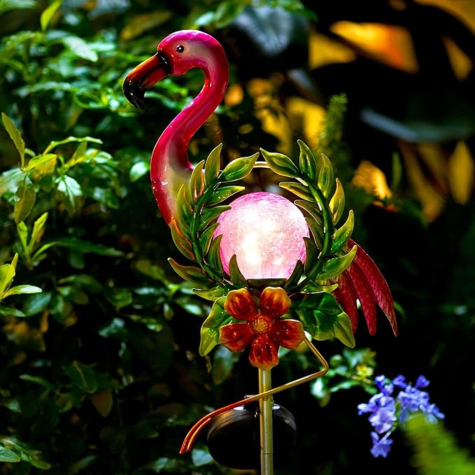 Solar Globe Lights for Garden Decoration,40.9 Inch Flamingo Front Porch Decor with Cracked Glass Puck Light for Outside Patio Pathway Yard Decoration