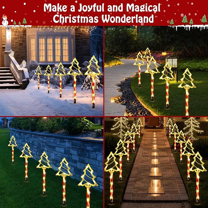 Lewondr Solar Christmas Pathway Lights, 5 PCS Solar Christmas Decorations Outdoor with 2 Lighting Modes, Clear Xmas Tree Lights with Red Pole and Garden Stake, Waterproof Garden Yard Holiday Decor