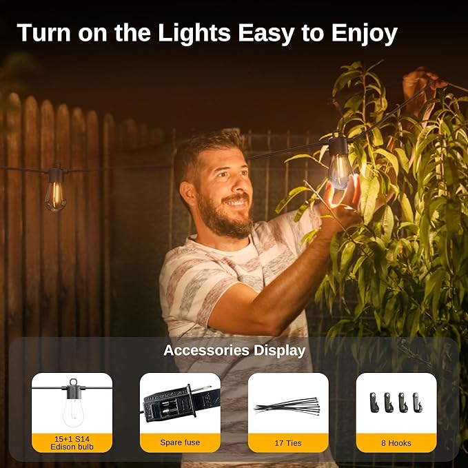 East Oak Outdoor String Lights LED 48FT, Patio String Lights Waterproof with 15 Shatterproof Vintage Edison Bulbs for Christmas Backyard Porch Party Warmlight